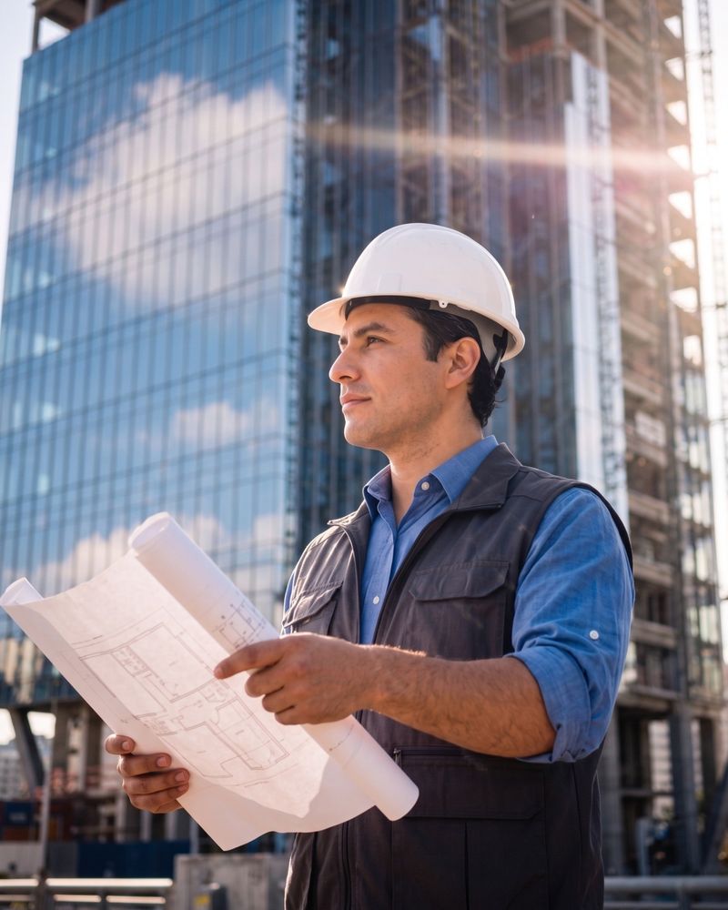 Ingeniero con casco y planos frente a un edificio en construcción